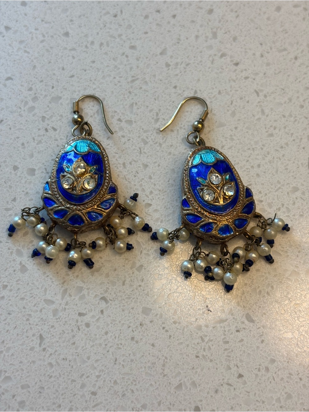 Blue Enamel Pearl Drop Earrings